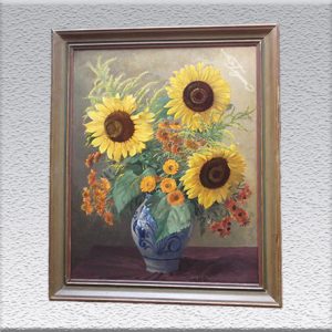 Carl Berndt: Vase-Delfter Blau mit Sonnenblumen (1950) Ölgemälde, altgerahmt, Rahmen beschädigt und Bild reinigungsbedürftig, 96 cm x 79 cm, 590,- €