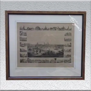 Alte Lithografie: "Erinnerung an Dresden", um 1850, gerahmt mit Echtgold-Leiste
